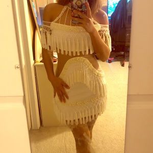 Windsor mesh pearl-beaded fringe dress